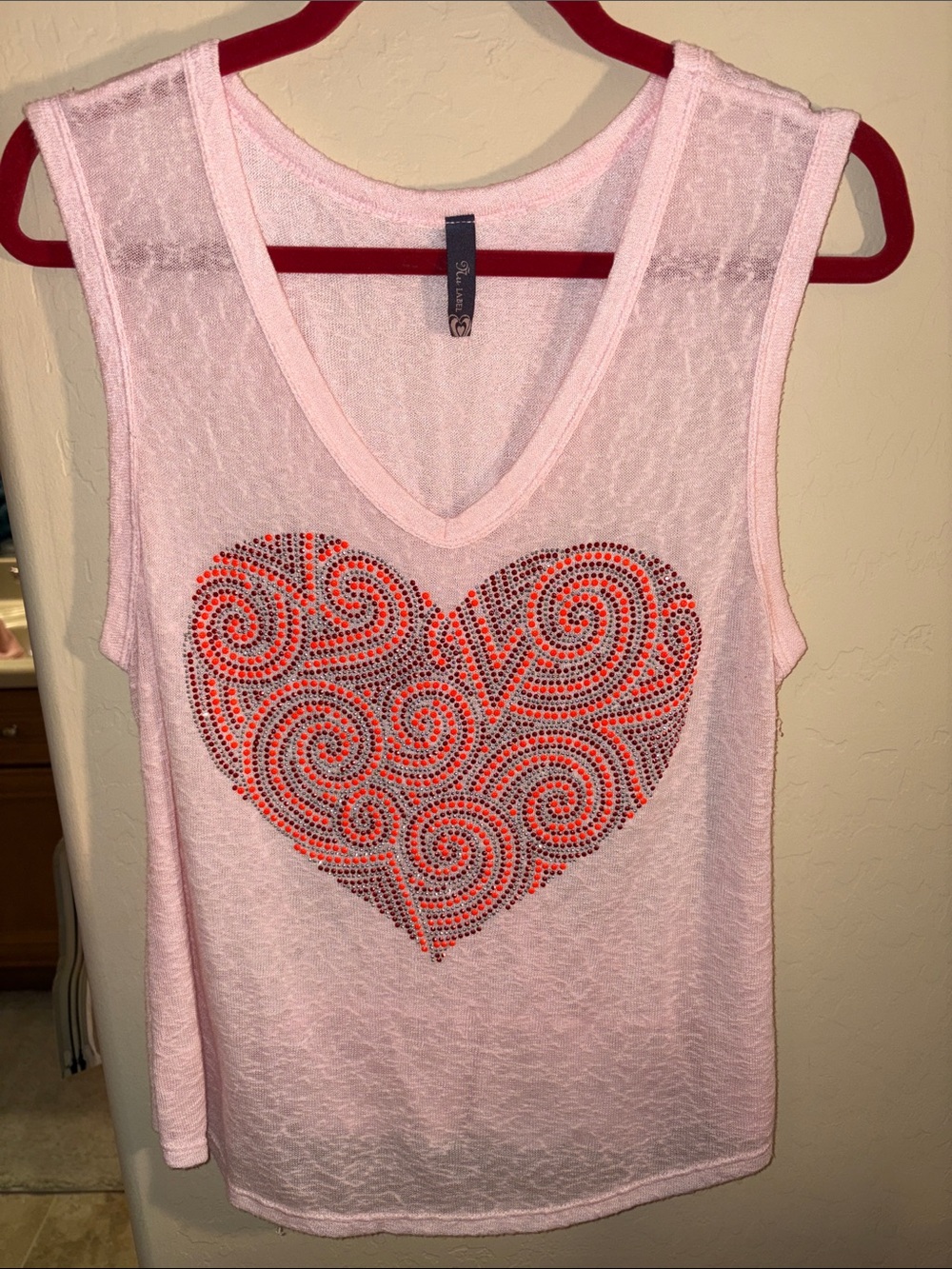 Pink V-Neck Tank Top with Swirl Heart Rhinestone Detail